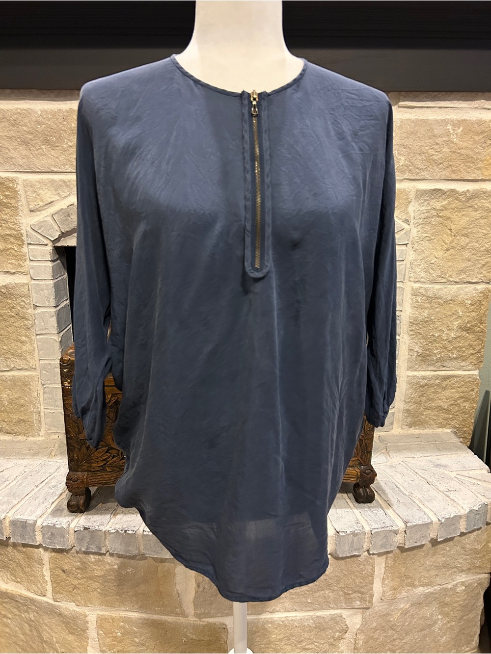 Vince Slate Blue Zip-Neck Blouse- 100% Silk